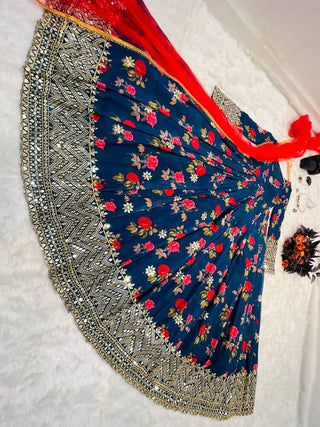 Blue Color Floral Printed Embroidery Work Designer Gown Clothsvilla