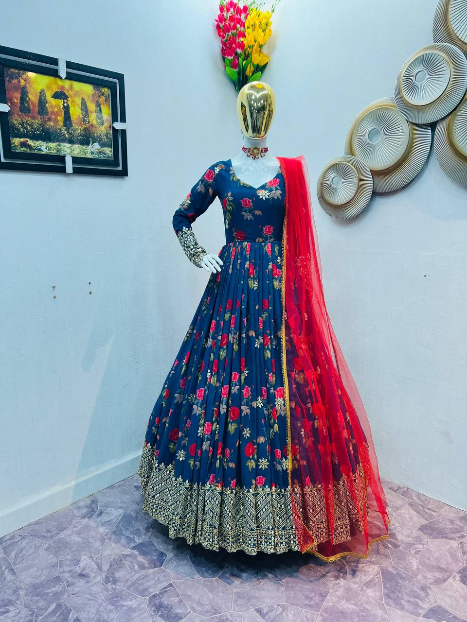 Blue Color Floral Printed Embroidery Work Designer Gown Clothsvilla