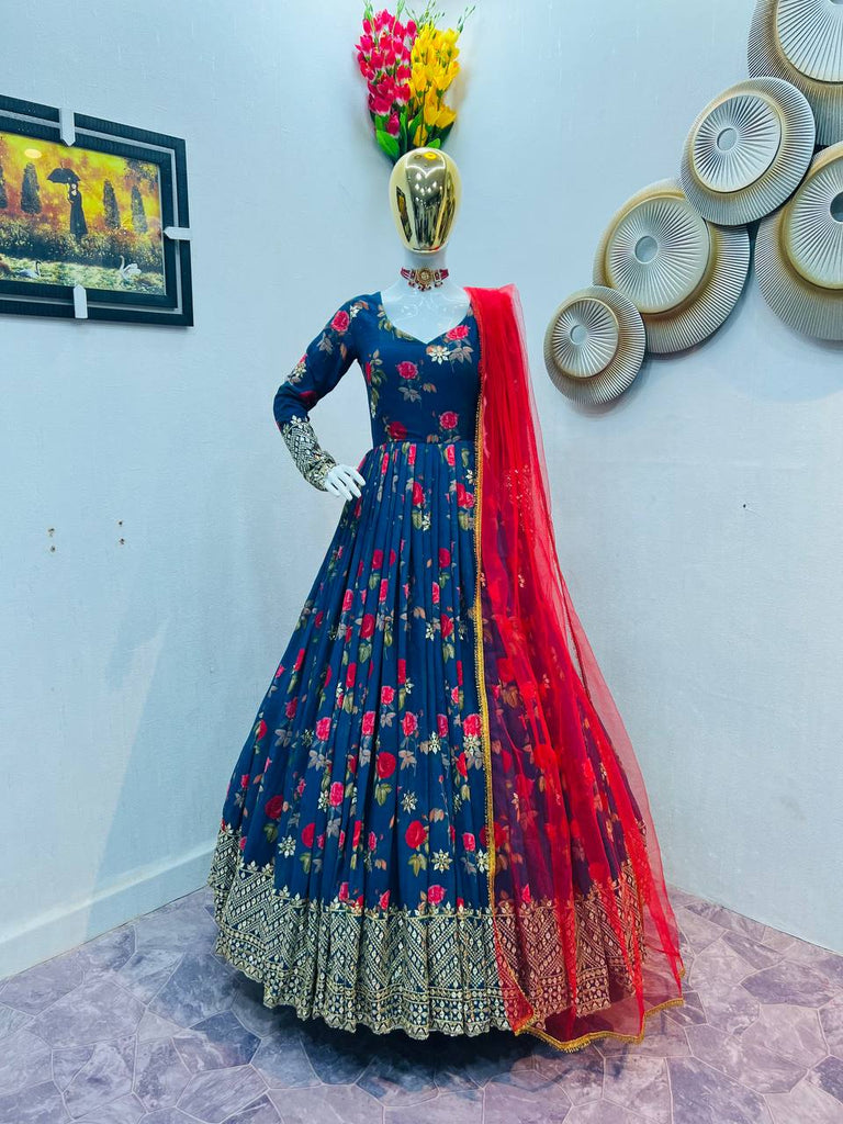 Blue Color Floral Printed Embroidery Work Designer Gown Clothsvilla