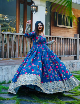 Blue Color Floral Printed Embroidery Work Designer Gown Clothsvilla