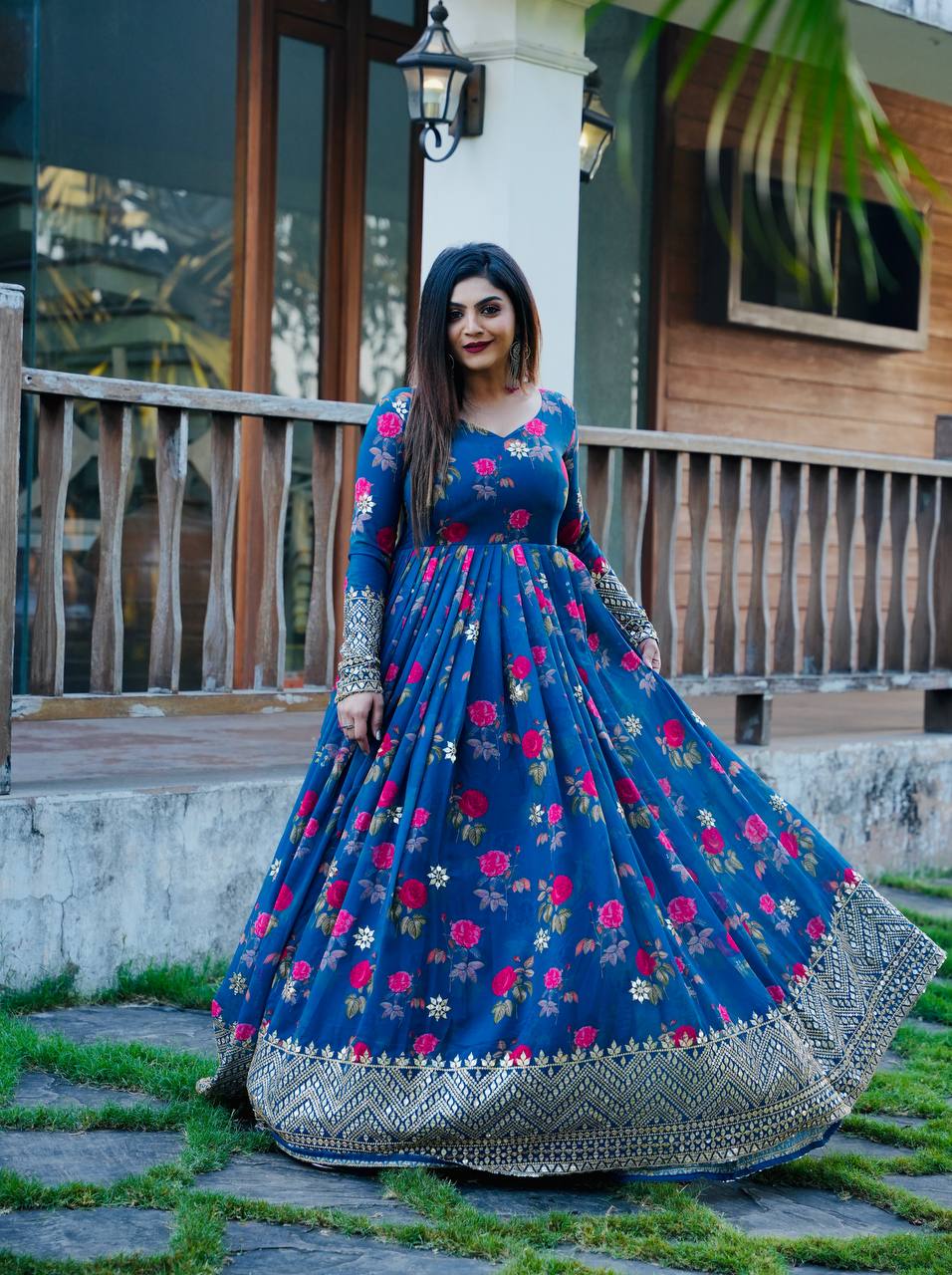 Blue Color Floral Printed Embroidery Work Designer Gown Clothsvilla