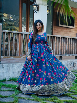Blue Color Floral Printed Embroidery Work Designer Gown Clothsvilla