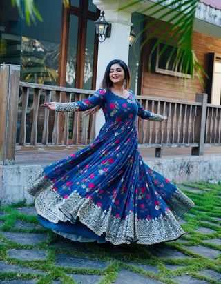 Blue Color Floral Printed Embroidery Work Designer Gown Clothsvilla
