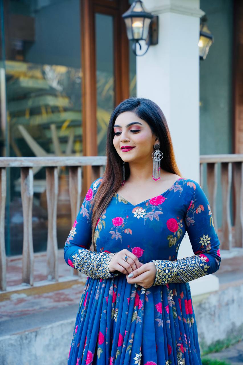 Blue Color Floral Printed Embroidery Work Designer Gown Clothsvilla