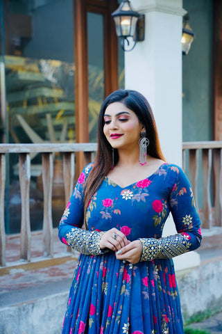 Blue Color Floral Printed Embroidery Work Designer Gown Clothsvilla
