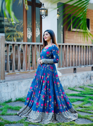 Blue Color Floral Printed Embroidery Work Designer Gown Clothsvilla