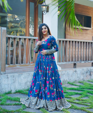 Blue Color Floral Printed Embroidery Work Designer Gown Clothsvilla