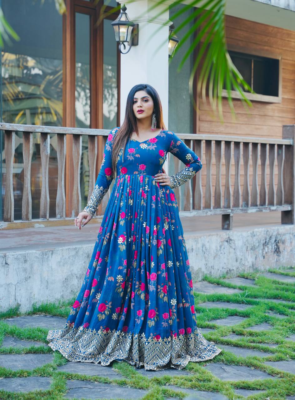 Blue Color Floral Printed Embroidery Work Designer Gown Clothsvilla