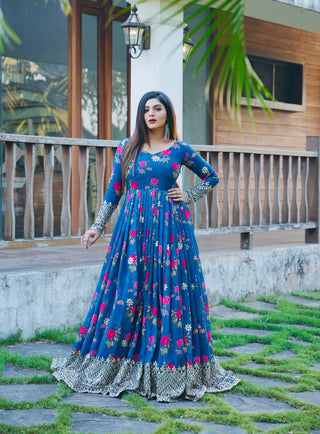 Blue Color Floral Printed Embroidery Work Designer Gown Clothsvilla