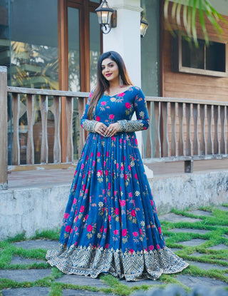 Blue Color Floral Printed Embroidery Work Designer Gown Clothsvilla