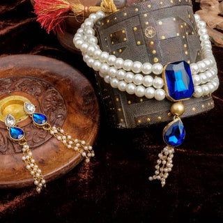 Blue Dimond And gold-plated pearl Necklace Alloy Gold-plated Jewel Set ClothsVilla