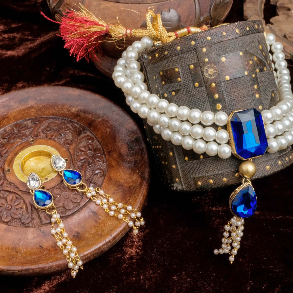Blue Dimond And gold-plated pearl Necklace Alloy Gold-plated Jewel Set ClothsVilla