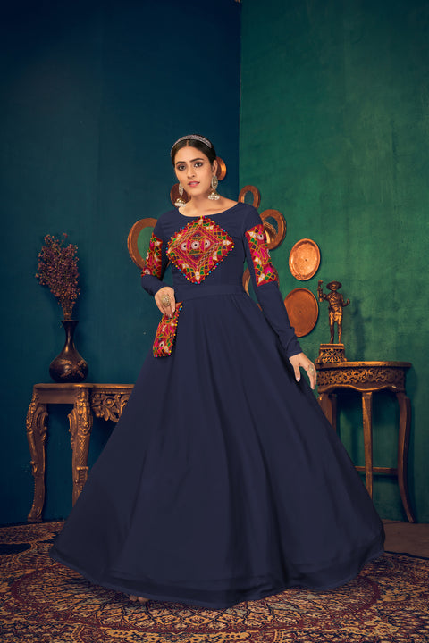 Blue Embroidered Georgette Evening Long Gown Semi Stitched ClothsVilla Main image