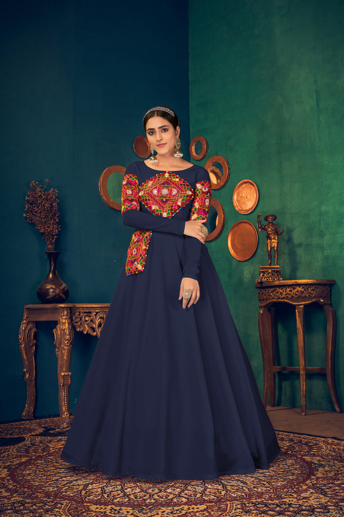 Blue Embroidered Georgette Evening Long Gown Semi Stitched ClothsVilla