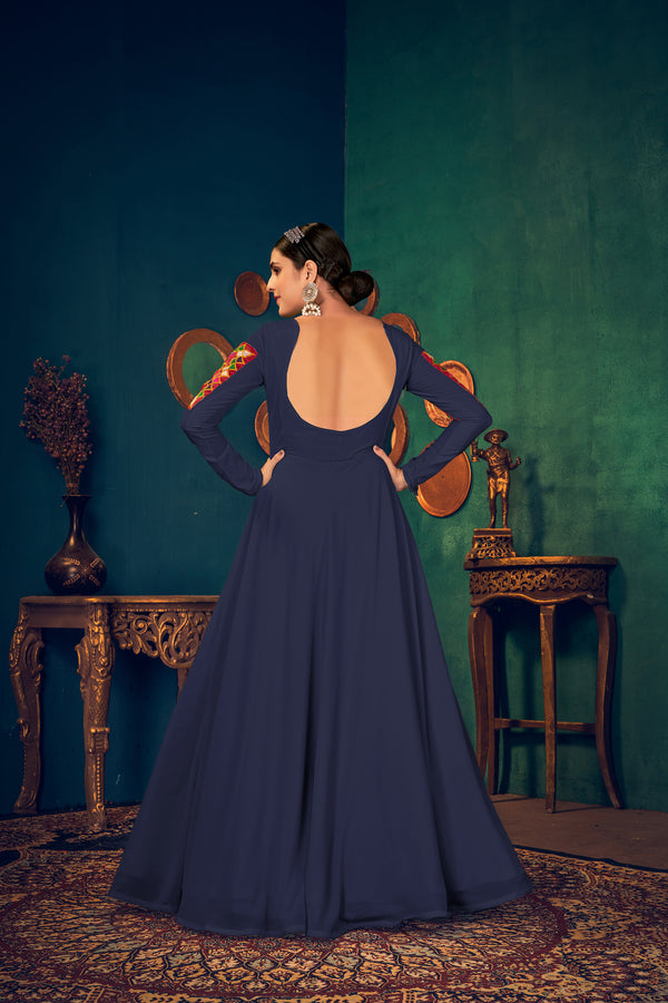 Blue Embroidered Georgette Evening Long Gown Semi Stitched ClothsVilla
