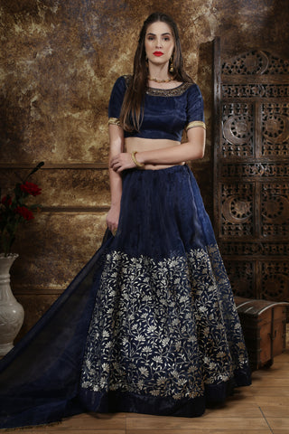 Blue Embroidered Organza Semi Stitched Lehenga Choli ClothsVilla