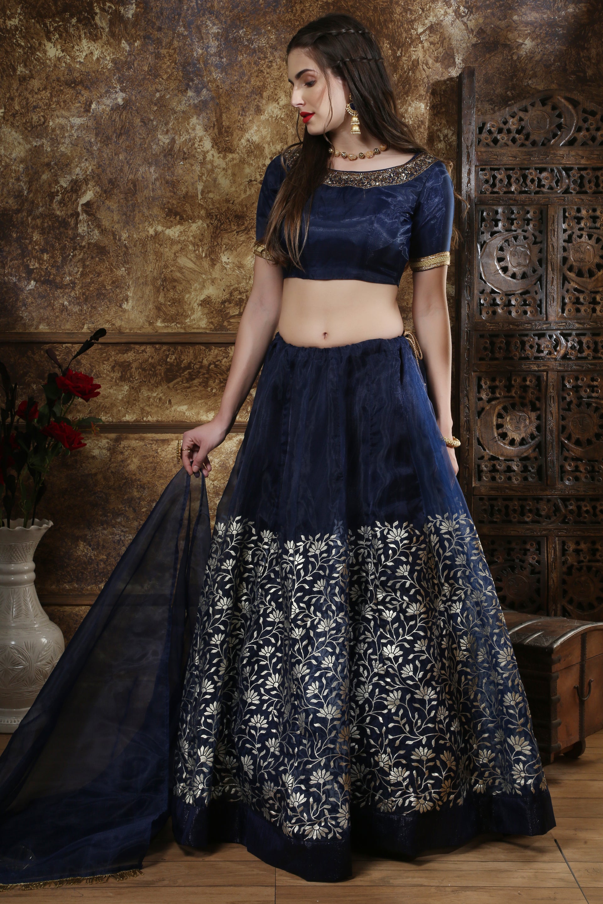 Blue Embroidered Organza Semi Stitched Lehenga Choli ClothsVilla