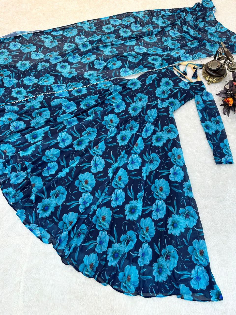 Blue Faux Georgette Floral Dream Anarkali Gown with Digital Print ClothsVilla