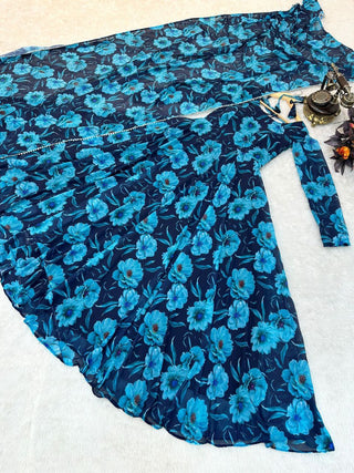 Blue Faux Georgette Floral Dream Anarkali Gown with Digital Print ClothsVilla