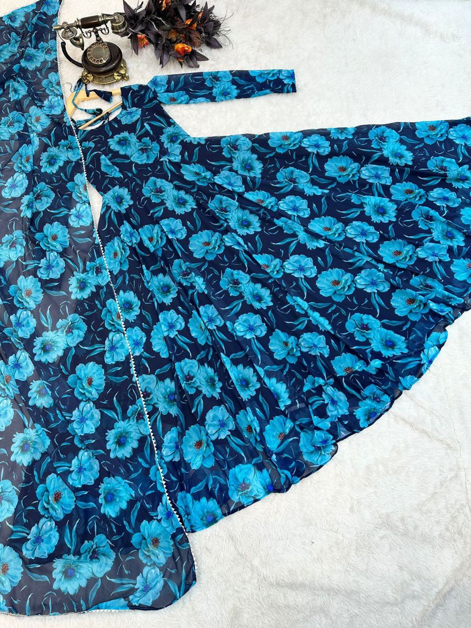 Blue Faux Georgette Floral Dream Anarkali Gown with Digital Print ClothsVilla