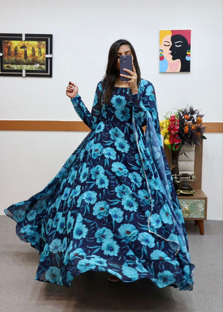 Blue Faux Georgette Floral Dream Anarkali Gown with Digital Print ClothsVilla