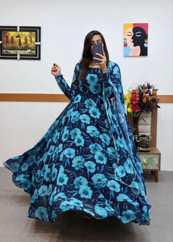 Blue Faux Georgette Floral Dream Anarkali Gown with Digital Print ClothsVilla