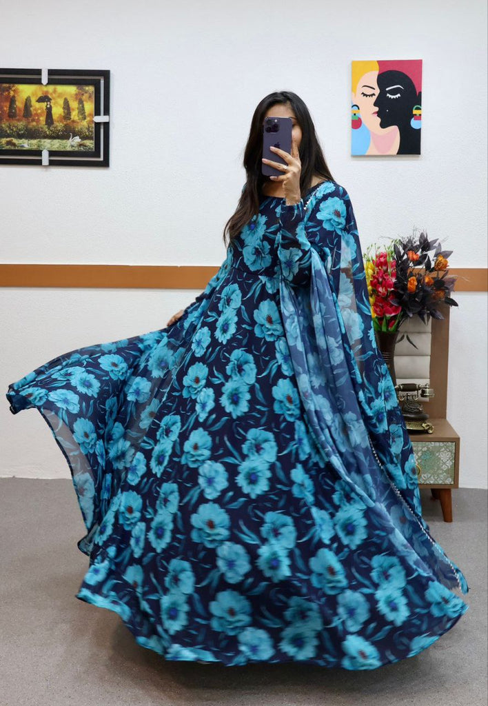 Blue Faux Georgette Floral Dream Anarkali Gown with Digital Print ClothsVilla