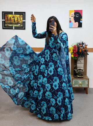 Blue Faux Georgette Floral Dream Anarkali Gown with Digital Print ClothsVilla