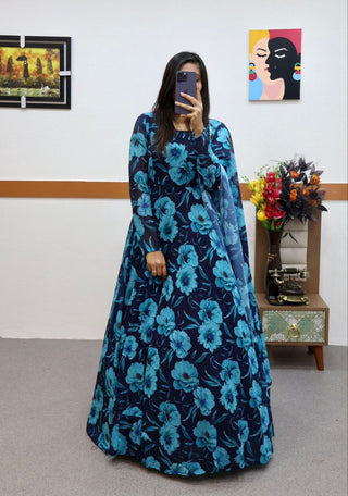 Blue Faux Georgette Floral Dream Anarkali Gown with Digital Print ClothsVilla