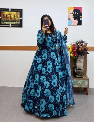 Blue Faux Georgette Floral Dream Anarkali Gown with Digital Print ClothsVilla