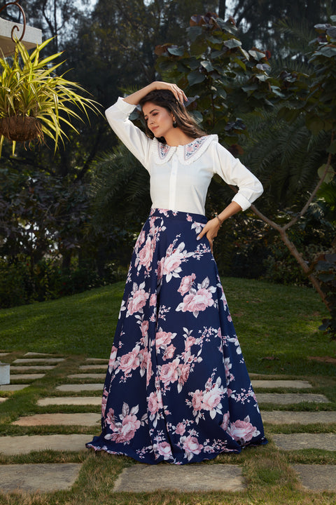 Blue Floral Crepe Indo Western Ready To Wear Skirt With Crop Top ClothsVilla Main image