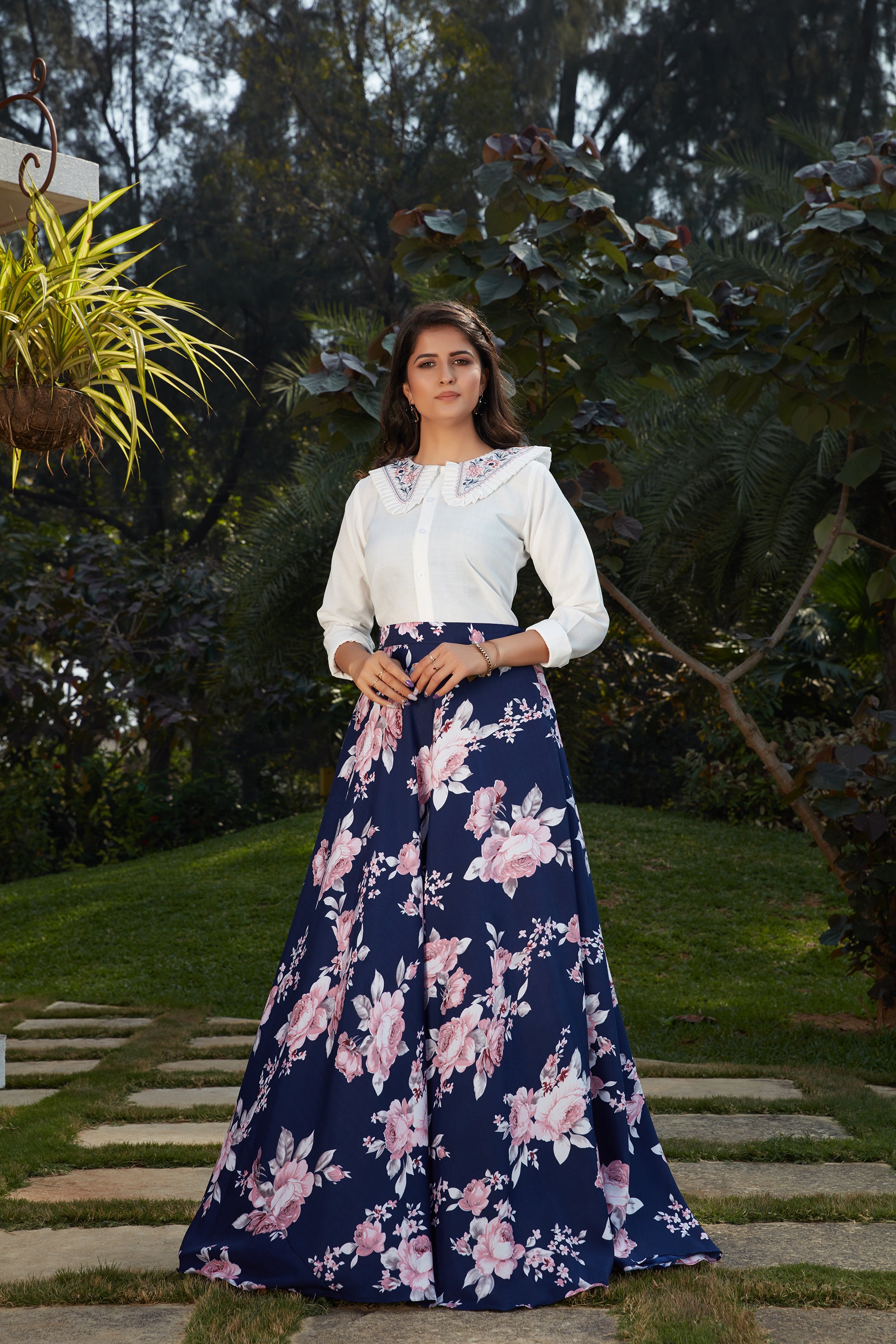 Blue Floral Crepe Indo Western Ready To Wear Skirt With Crop Top ClothsVilla