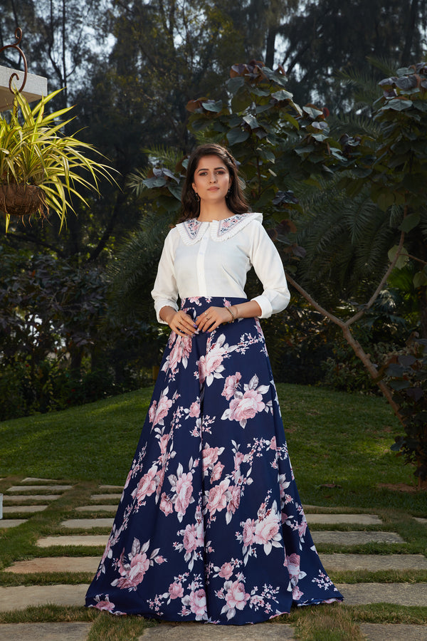 Blue Floral Crepe Indo Western Ready To Wear Skirt With Crop Top ClothsVilla