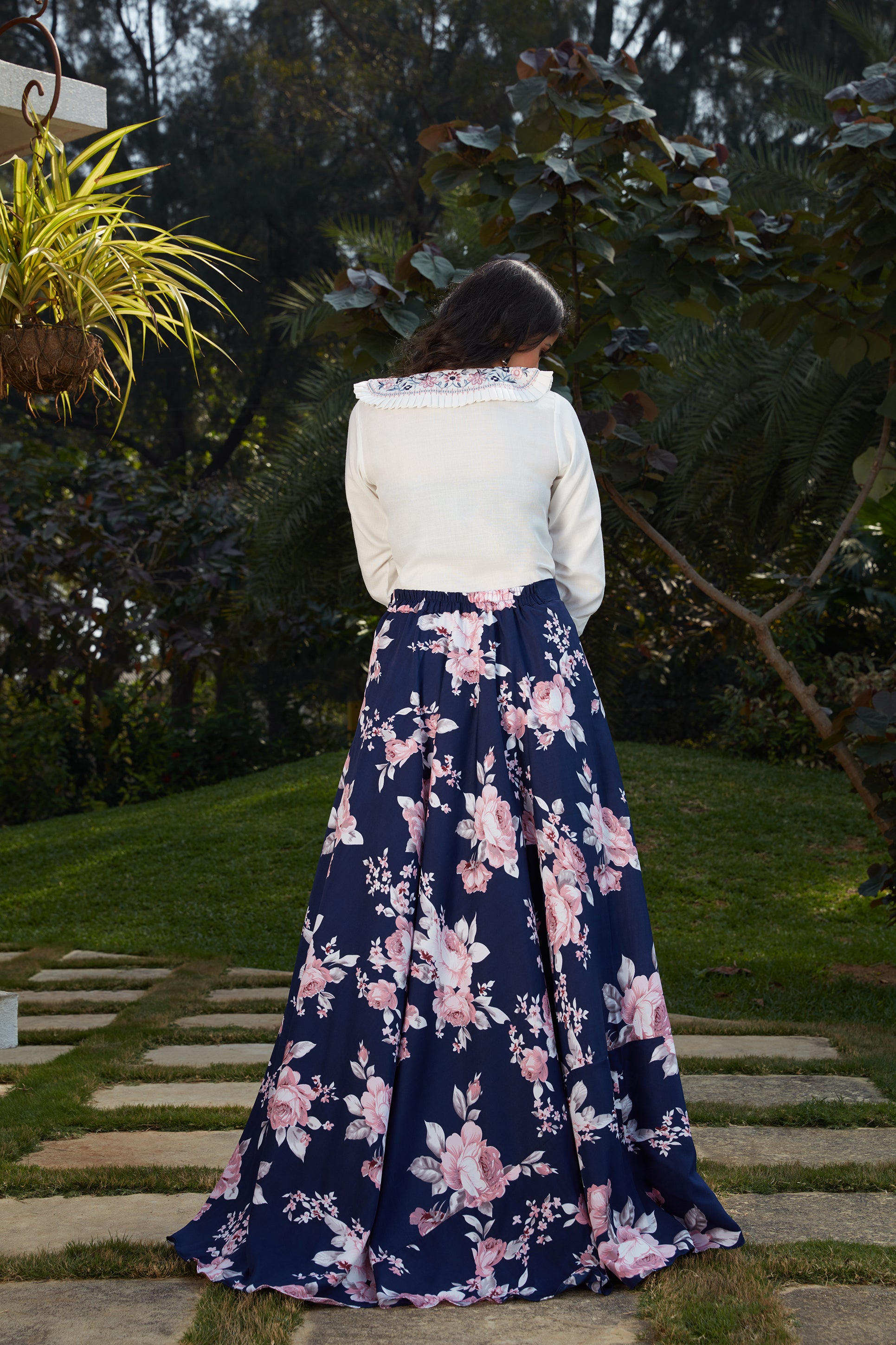 Blue Floral Crepe Indo Western Ready To Wear Skirt With Crop Top ClothsVilla