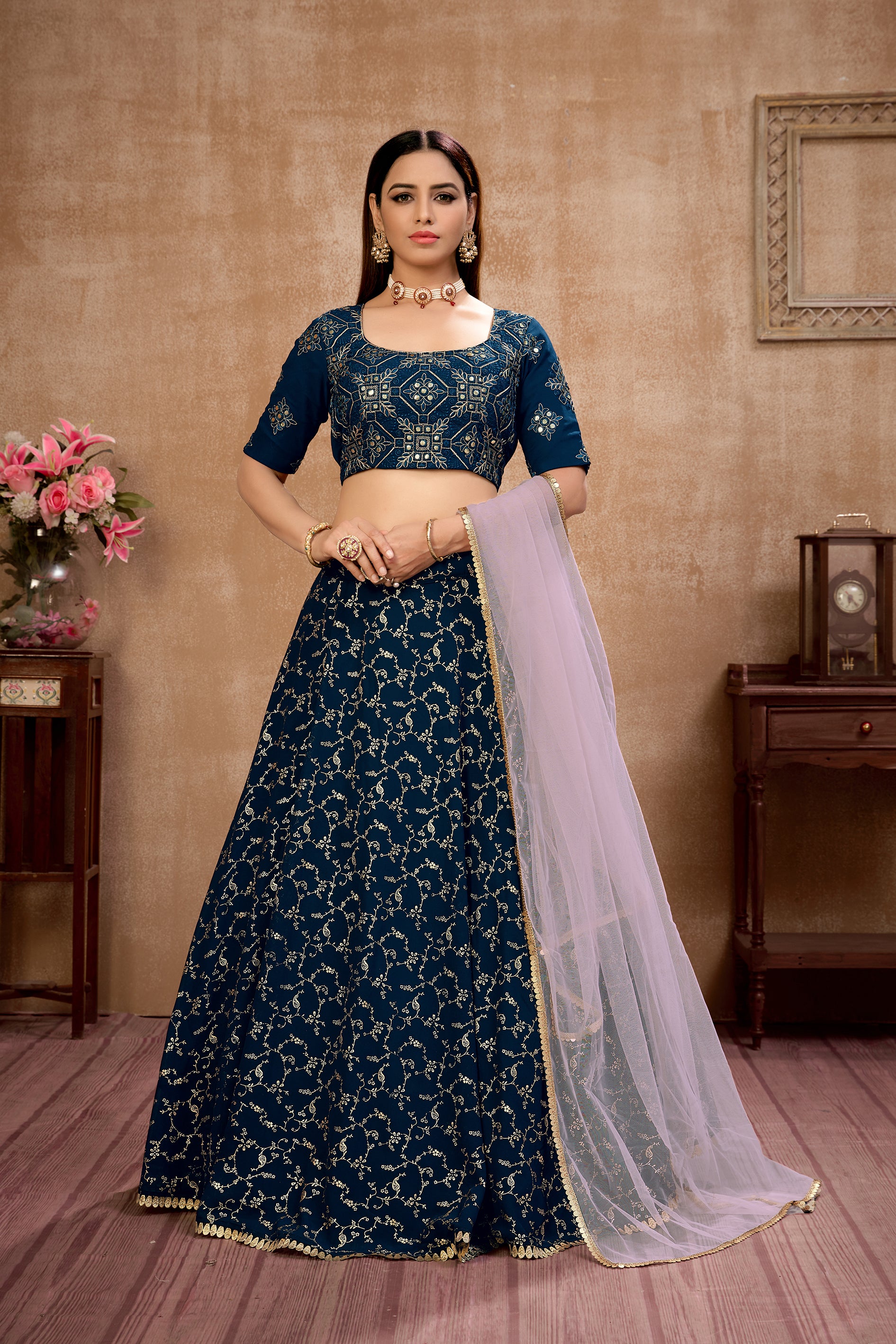 Blue Foil Print Georgette Wedding Wear Lehenga Choli ClothsVilla Main image