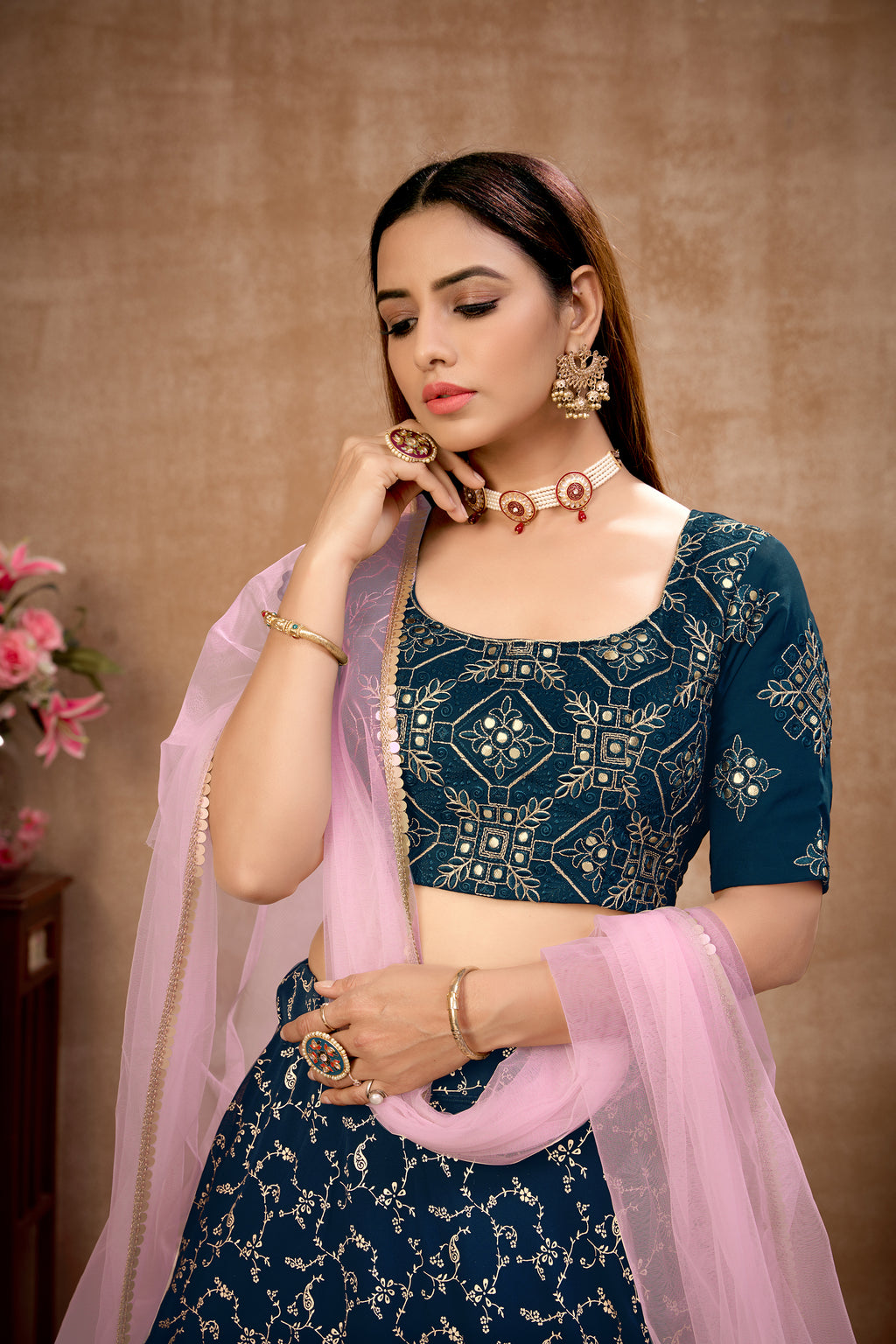 Blue Foil Print Georgette Wedding Wear Lehenga Choli ClothsVilla