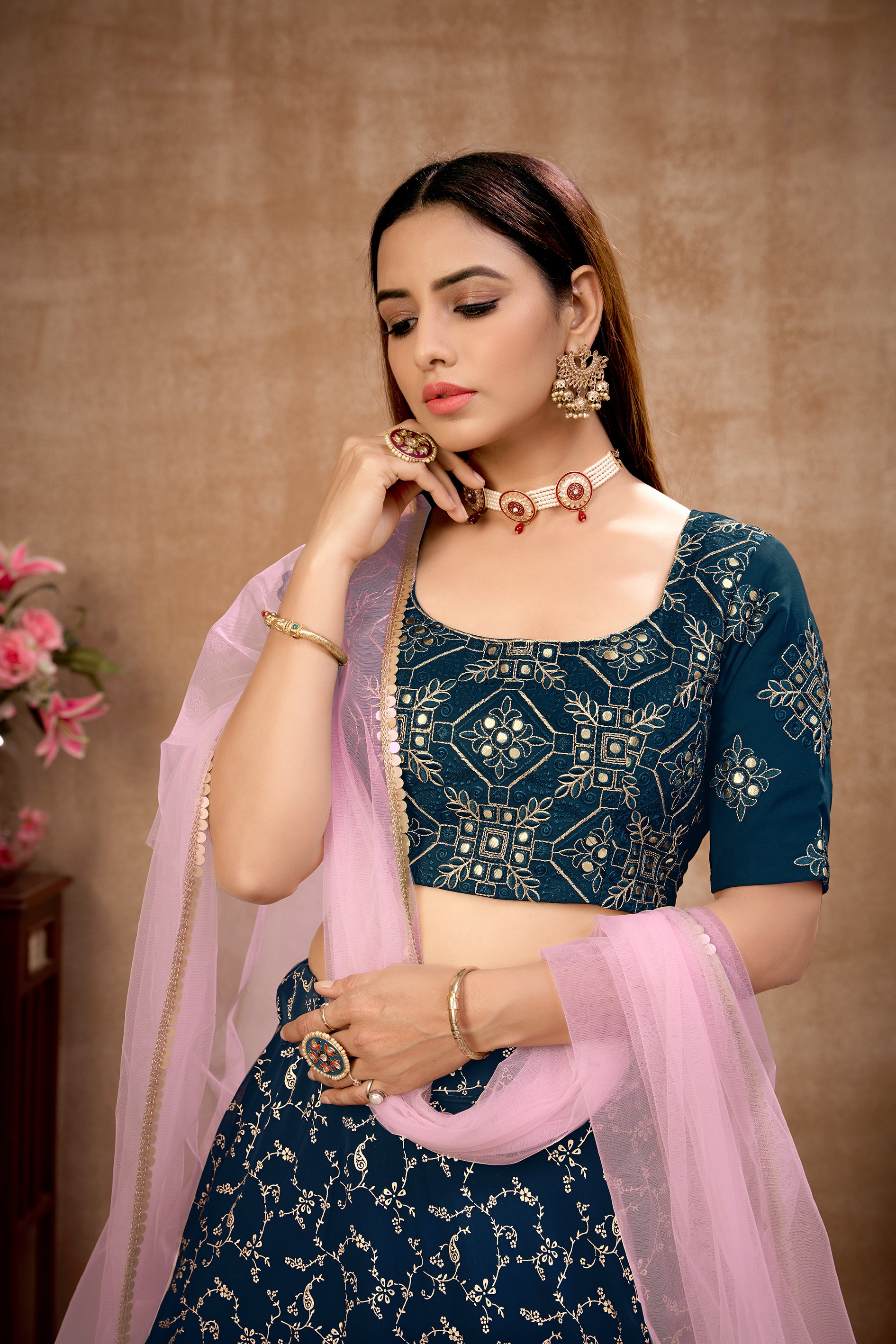 Blue Foil Print Georgette Wedding Wear Lehenga Choli ClothsVilla
