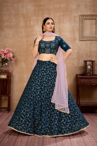 Blue Foil Print Georgette Wedding Wear Lehenga Choli ClothsVilla