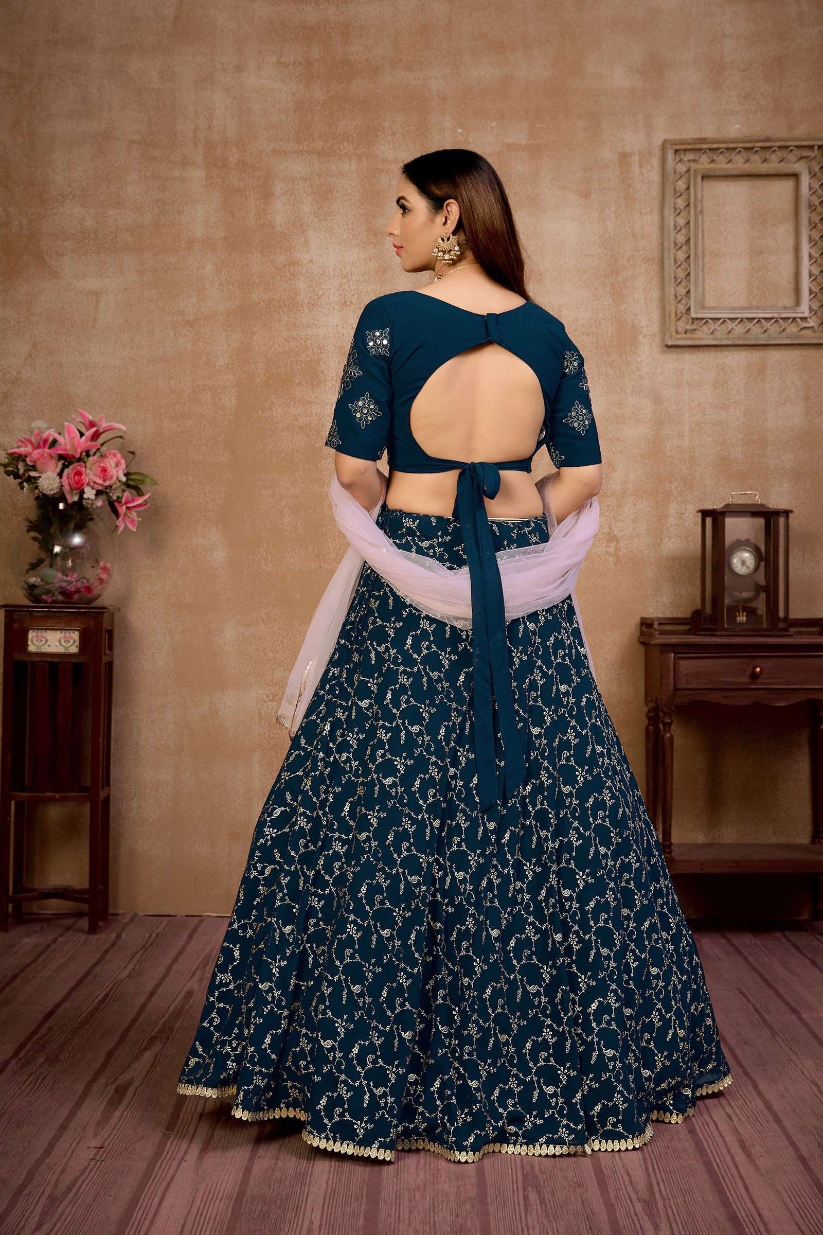 Blue Foil Print Georgette Wedding Wear Lehenga Choli ClothsVilla