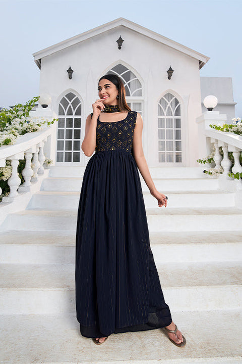 Blue Georgette Embroidered Work Kurta Palazzo Dupatta Set ClothsVilla.com Main image