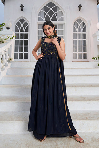 Blue Georgette Embroidered Work Kurta Palazzo Dupatta Set ClothsVilla.com
