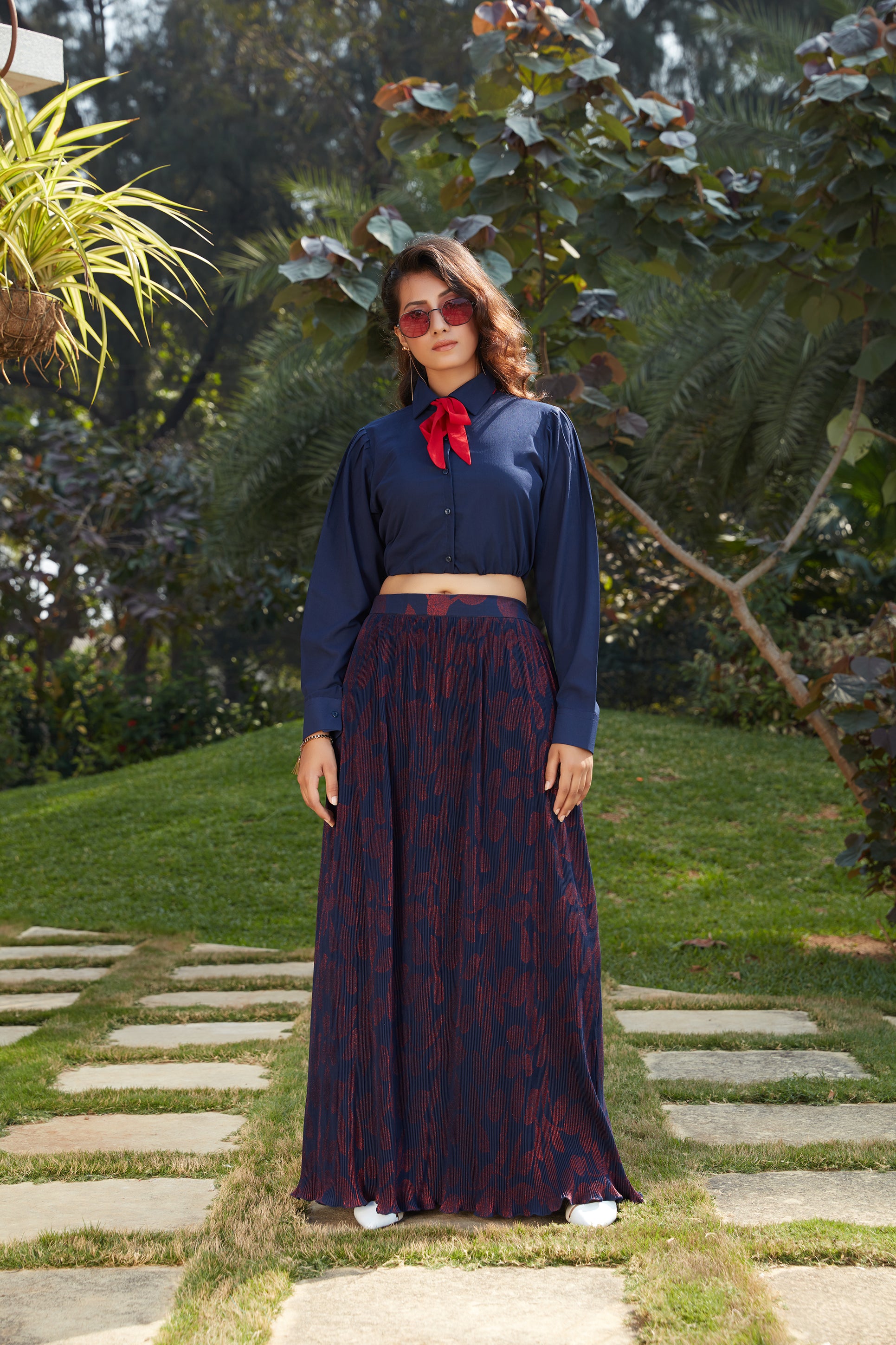 Blue Georgette Fancy Shirt Style Crop Top With Printed Skirt ClothsVilla Main image