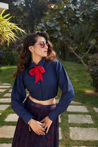 Blue Georgette Fancy Shirt Style Crop Top With Printed Skirt ClothsVilla