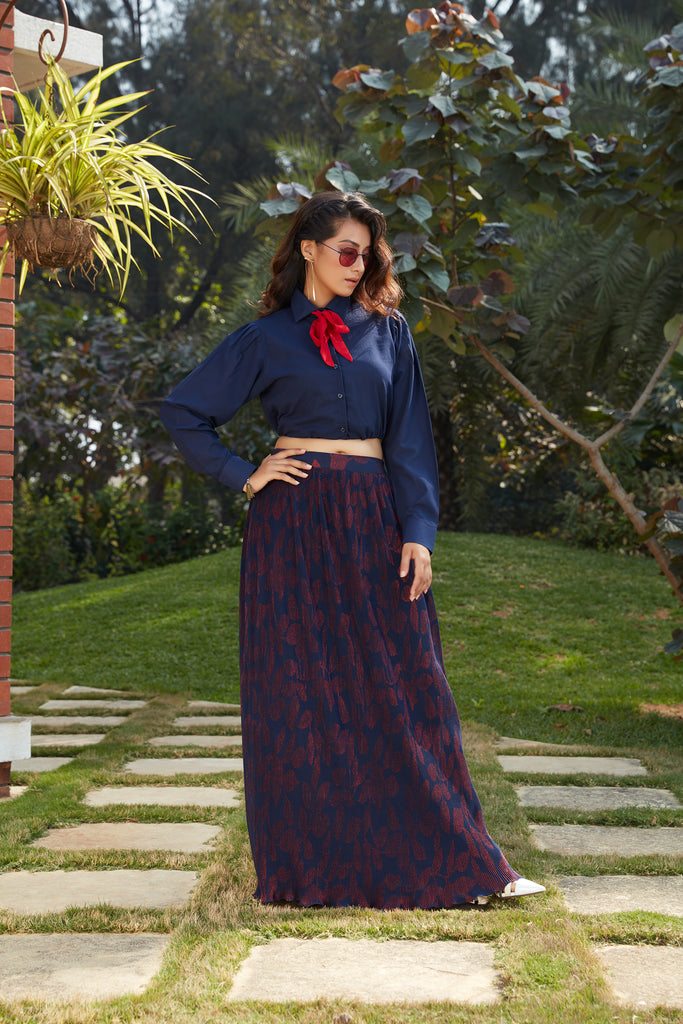 Blue Georgette Fancy Shirt Style Crop Top With Printed Skirt ClothsVilla
