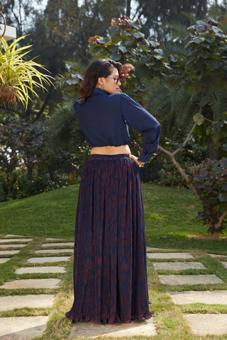 Blue Georgette Fancy Shirt Style Crop Top With Printed Skirt ClothsVilla