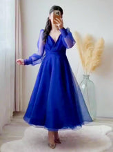 Load image into Gallery viewer, Blue Prom Dresses V-Neck Puffy Sleeves A-Line Evening Gown for Wedding Clothsvilla
