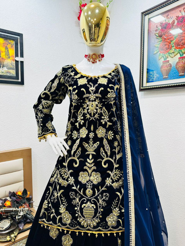 Blue Velvet Lehenga Choli with Embroidery Work Clothsvilla