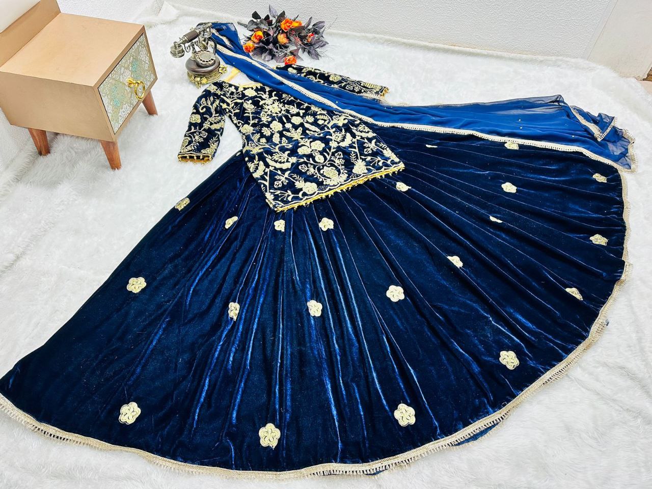 Blue Velvet Lehenga Choli with Embroidery Work Clothsvilla