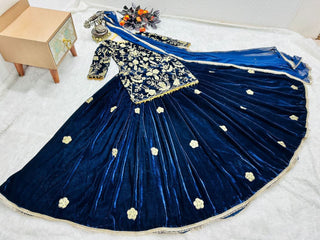 Blue Velvet Lehenga Choli with Embroidery Work Clothsvilla