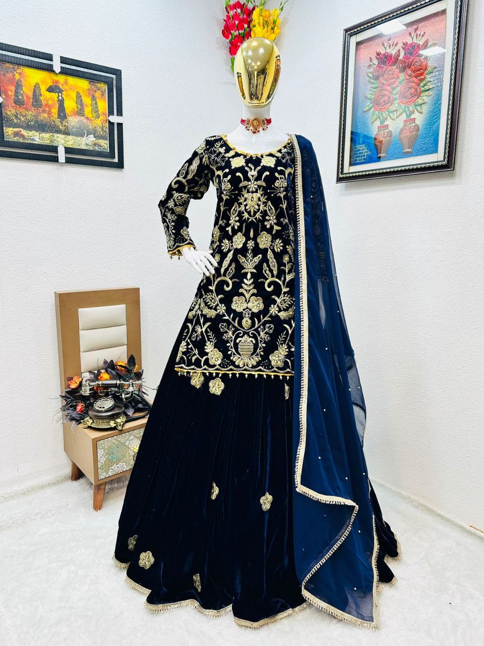 Blue Velvet Lehenga Choli with Embroidery Work Clothsvilla